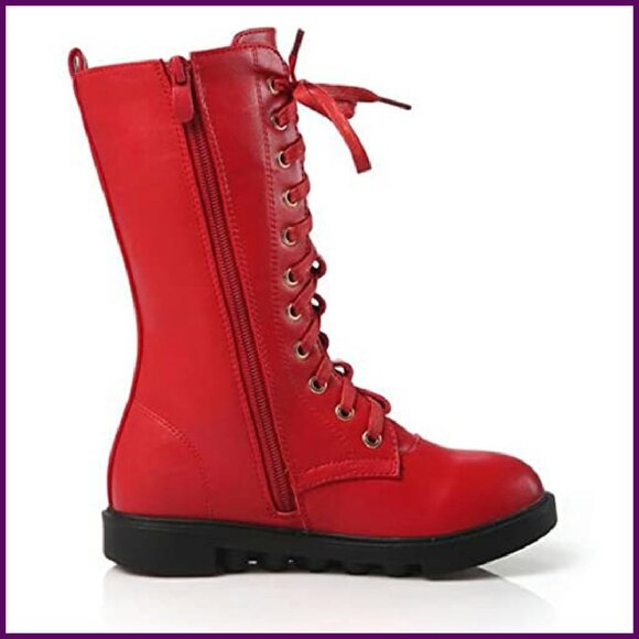 Girls Leather Combat Boots Mid Calf Zipper Lace-Up Winter Riding - Picture 6 of 8